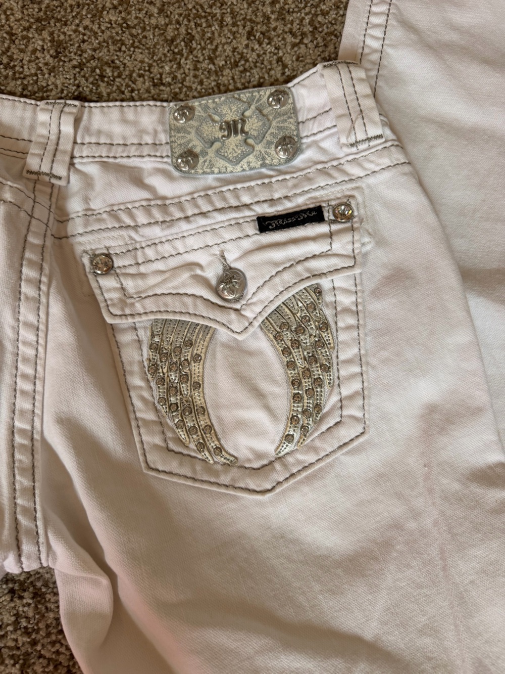 Miss Me Cream Boot Cut Jeans with Silver Embellishment